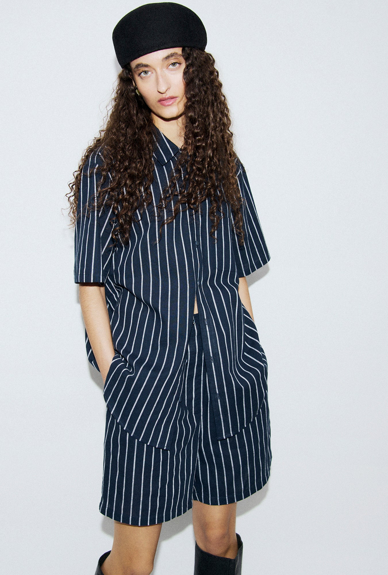 Cotton Short Sleeve Boyfriend Shirt Egret Stripe