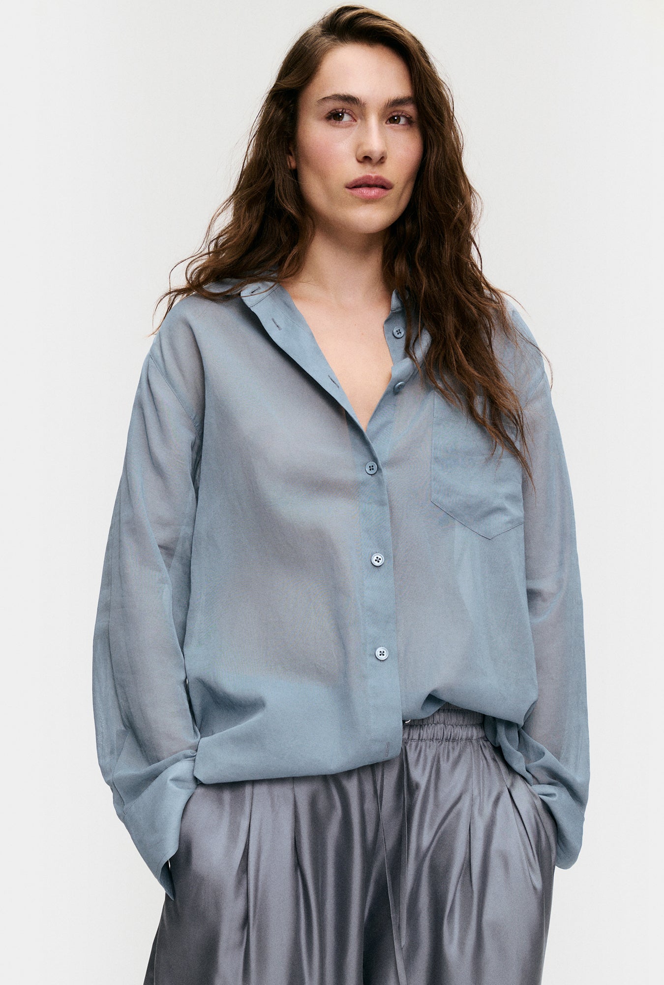Sheer Cotton Pleated Yoke Shirt Storm