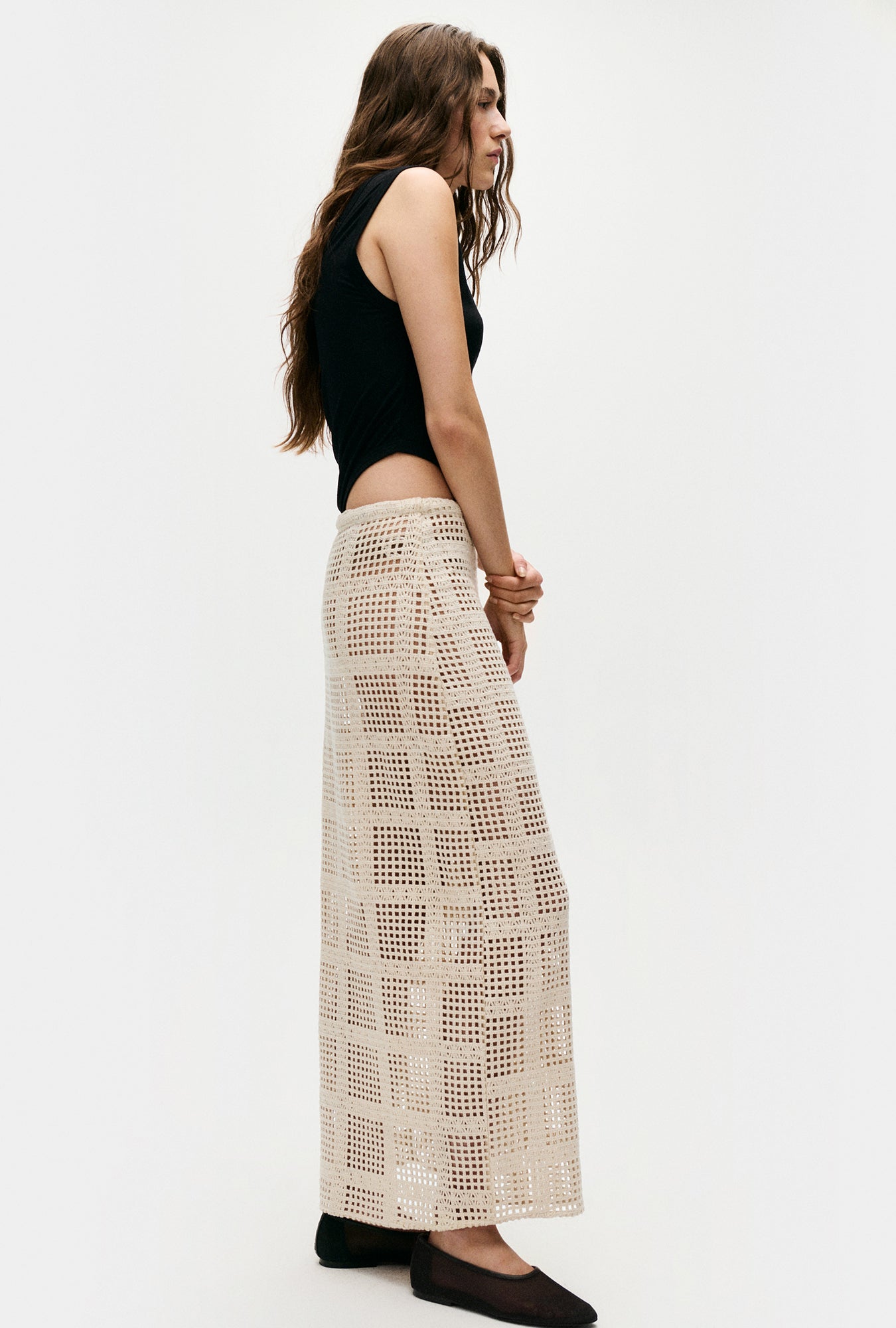 Cotton Grid Long Skirt Natural
