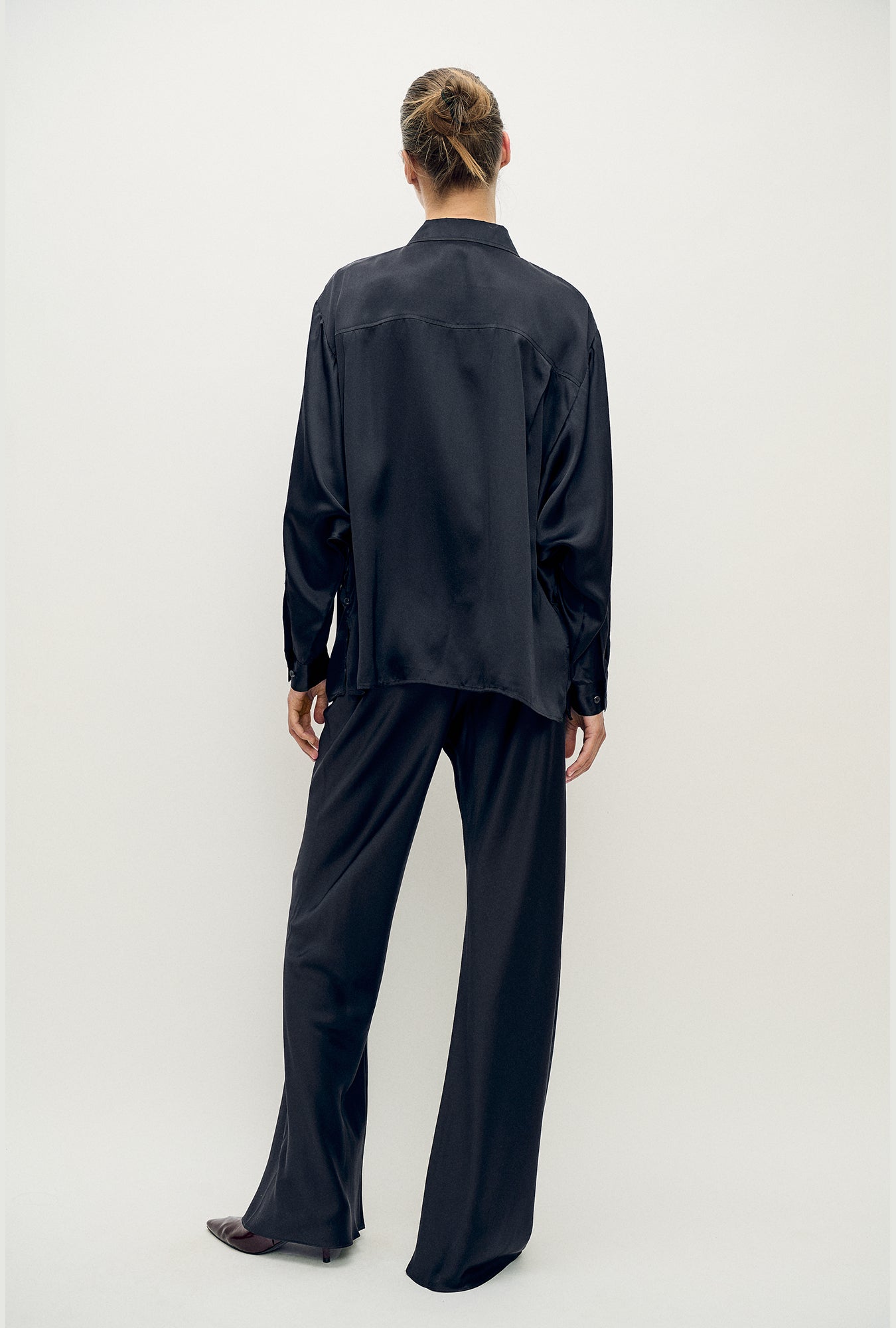 Silk Laundry black silk Bias Cut Pants with an elasticated pull on waistband sitting above the hip