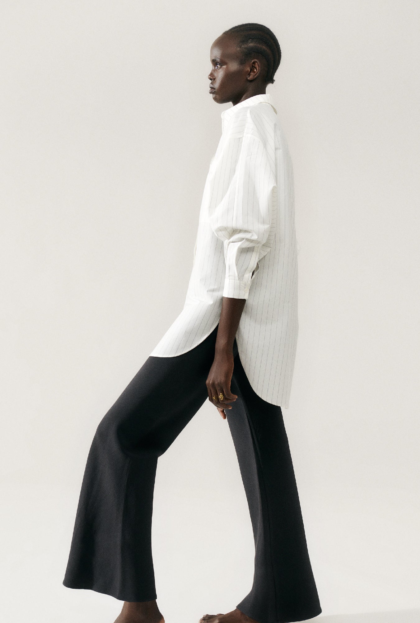 Cotton Silk Round Shirt White Pinstripe